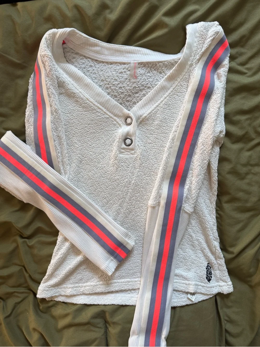 Free People Cream Textured V-Neck Long Sleeve Henley